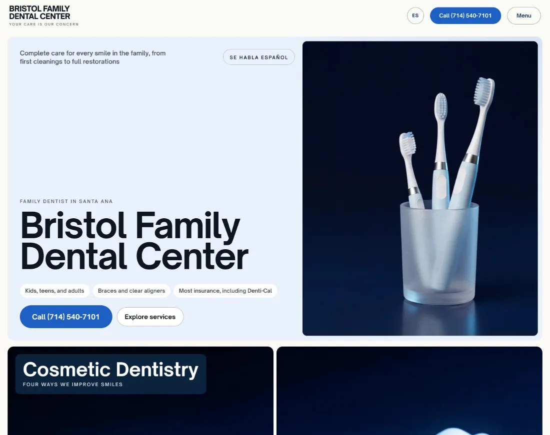 Bristol Family Dental Center homepage with its name as the headline, a call button and a Spanish-language toggle.