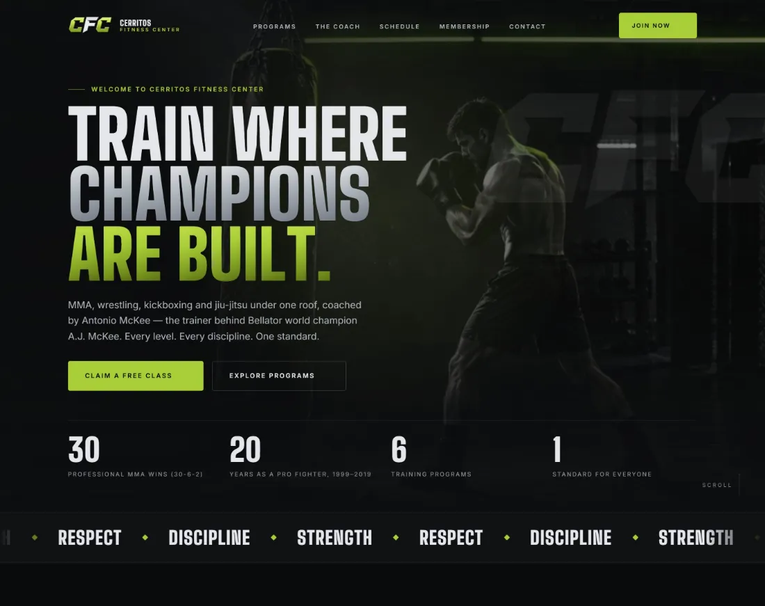 Cerritos Fitness Center homepage with the headline Train where champions are built over a photo of a fighter, and a Claim a free class button.