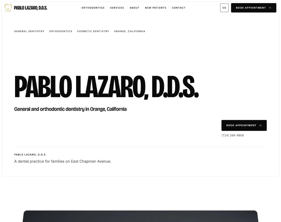 Pablo Lazaro, D.D.S. homepage with the practice name in large type and a Book appointment button.